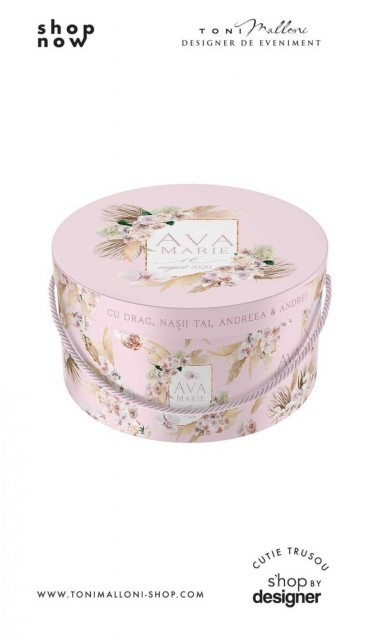 Cutie de botez trusou rotunda design pampass grass in gold alb si roz 1